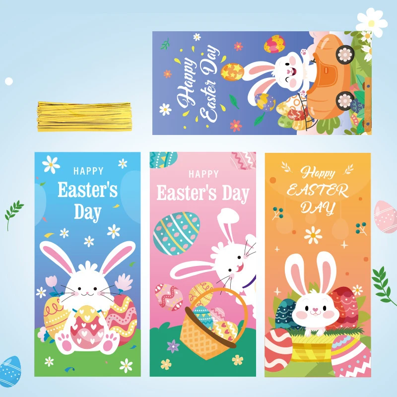 50Pcs Easter Gift Bags Cute Rabbit Hen Egg Pattern Candy Packaging Bags Open Top Cellophane Cookies Bags Easter Party Decor