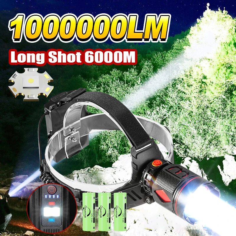 Ultra Powerful Rechargeable Headlamp White Laser Long Range 6000M Zoom Head Flashlight 18650 High Power Fishing Working Lantern