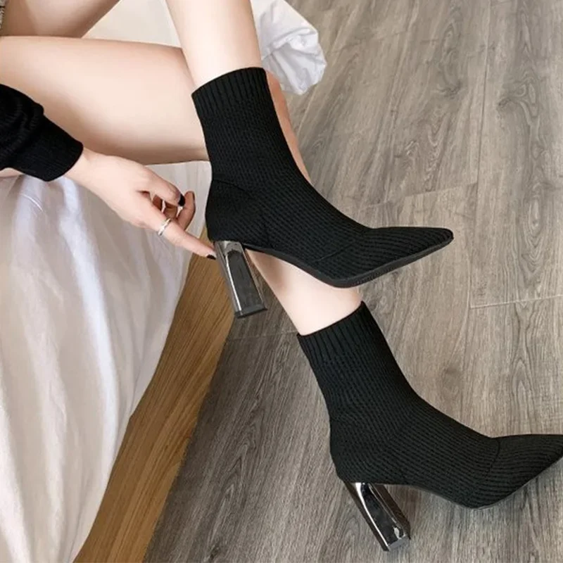 Women Socks Ankle Boots Kintting Ladies High Heels Ladies Winter Stretch Fabric Pointed Toe Shoes Fashion Female Footwear 2023