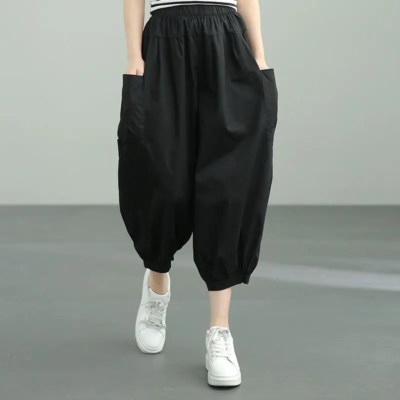 95% Puro Algodão Lado Duplo Bolso Painéis Harem Pants Senhora Primavera Verão Sólida Cintura Elástica Solta Bloomers Nove Pontos Calças