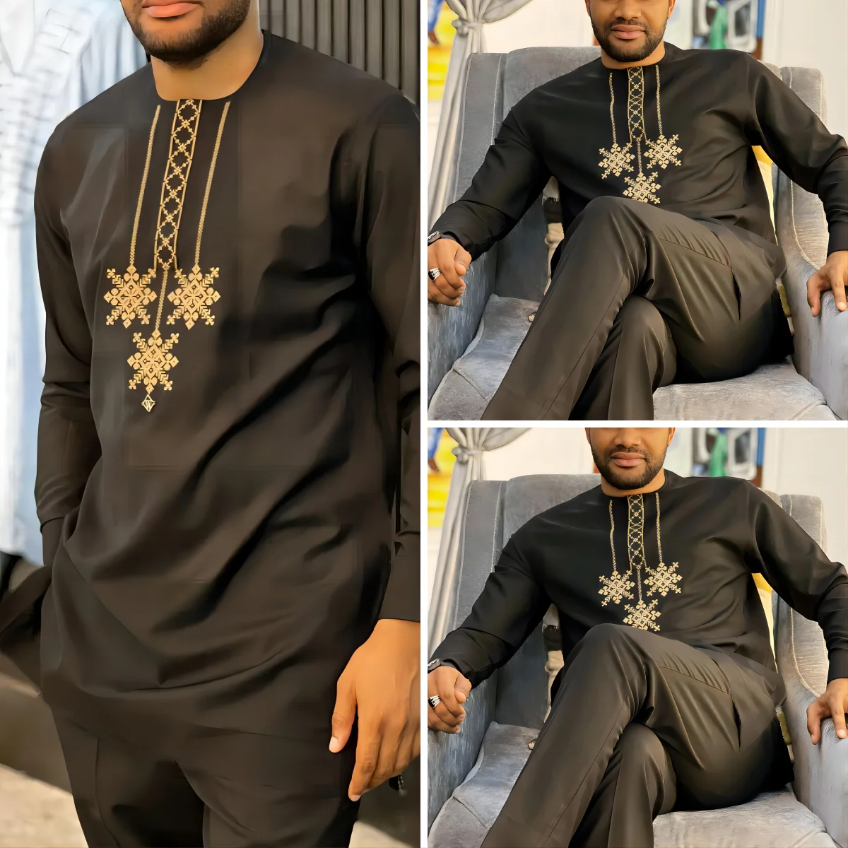 

Embroidered Banquet Ethnic Style Long-Sleeved Top And Trousers 2-Piece Casual Wedding Dress Grand Occasion Gathering Men's Suit