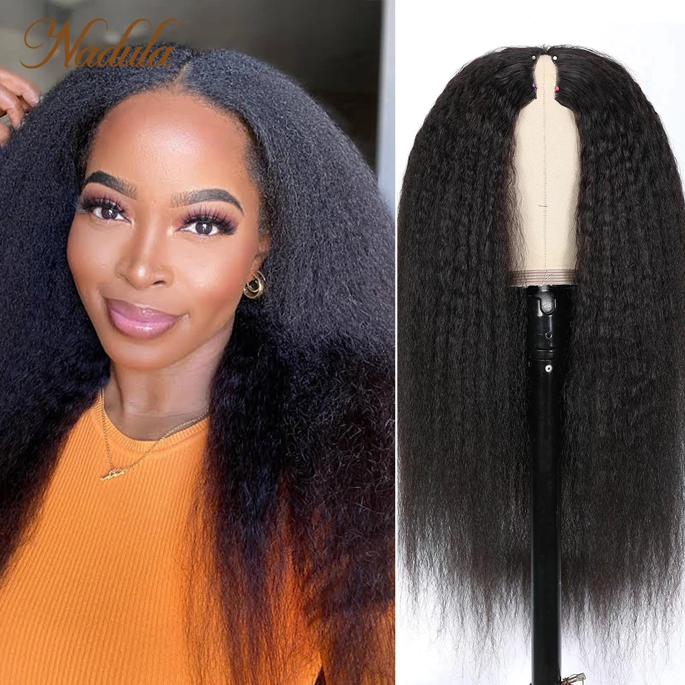 Nadula Hair Kinky Straight V Part Wig Human Hair Brazilian Hair Wigs V Shape Glueless Human Hair Wigs No Leave Out