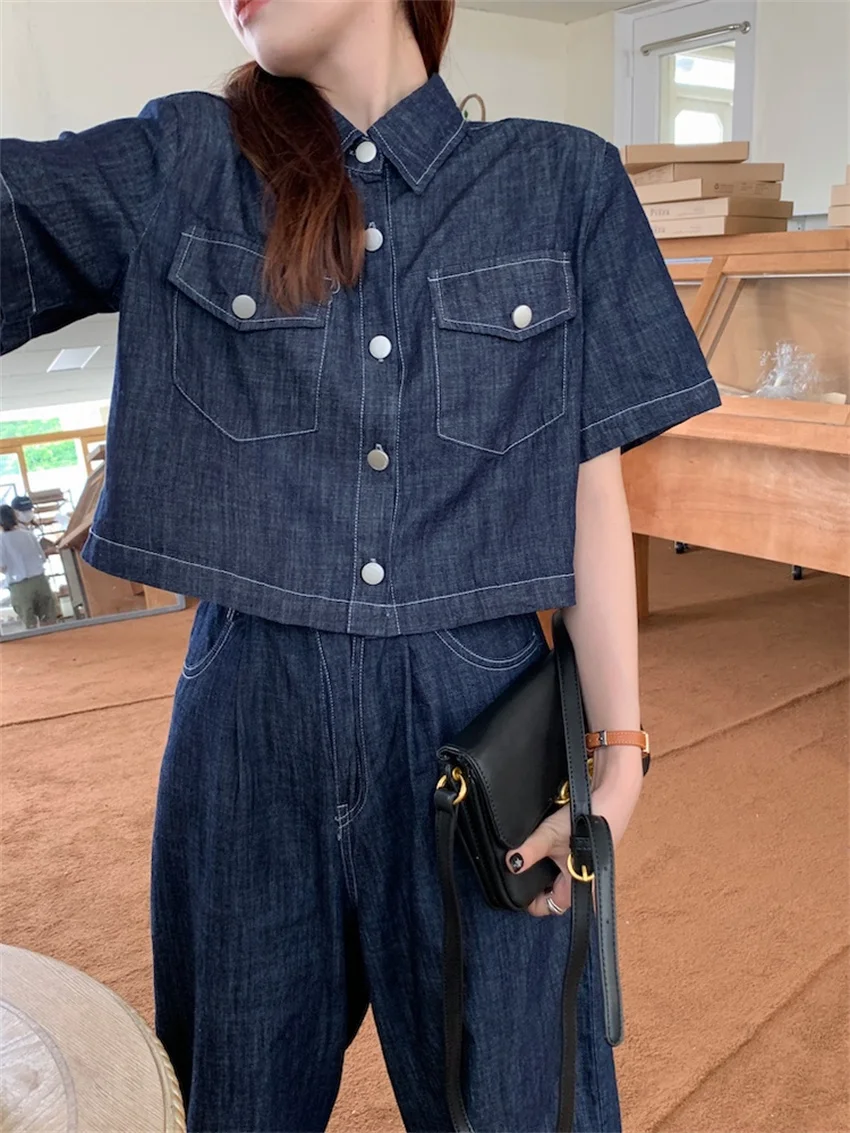 Alien Kitty Blue Denim Two Pieces Sets Women Loose Chic Summer Short Sleeve Coats 2023 Jeanswear New High Waist Slim Pants Suits