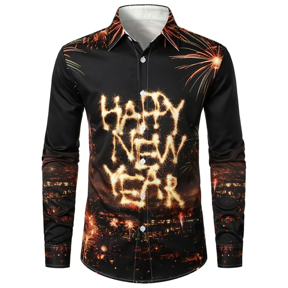 2026 Happy New Year Pattern Three-dimensional Printing Men's Long-sleeved Shirt Spring New Fashion Casual Unisex Party Clothes