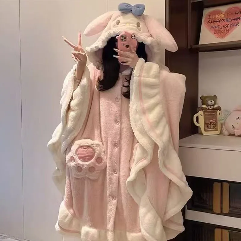 Anime My Melody Pyjamas für Frauen 2025, neuer Sanrioed Winterkorallen-Samt, verdicktes Samt-Nachthemd, warmes pelziges Lounge-Wear Kawaii