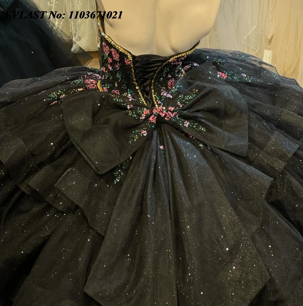 EVLAST Personalizzato Nero Quinnceanera Abito di Sfera Dell'abito di Pizzo Applique Che Borda A File Corsetto Dolce 16 Abiti Da 15 Anos SQ681