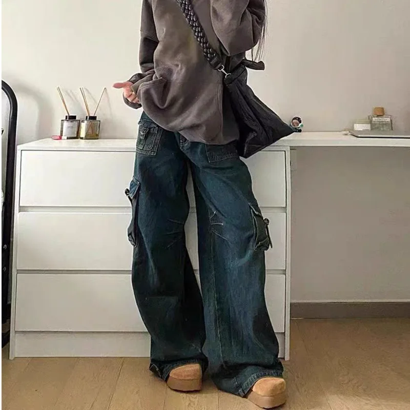 

Yk2 Grunge Multi Pocket Wide Leg Workwear Jeans Women High Denim Waiste Baggy Pants Hip Hop Korean Style Gothic 2000s Jeans Y2k