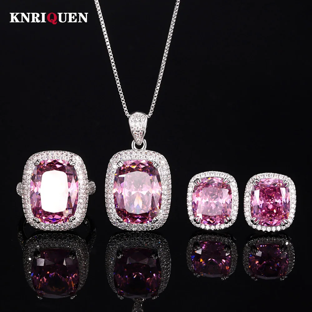 

New Trend 12*16mm Pink Qurtz Necklace Pendant Ring Earrings for Women Luxury Retro Wedding Fine Jewelry Sets Accessories Gifts