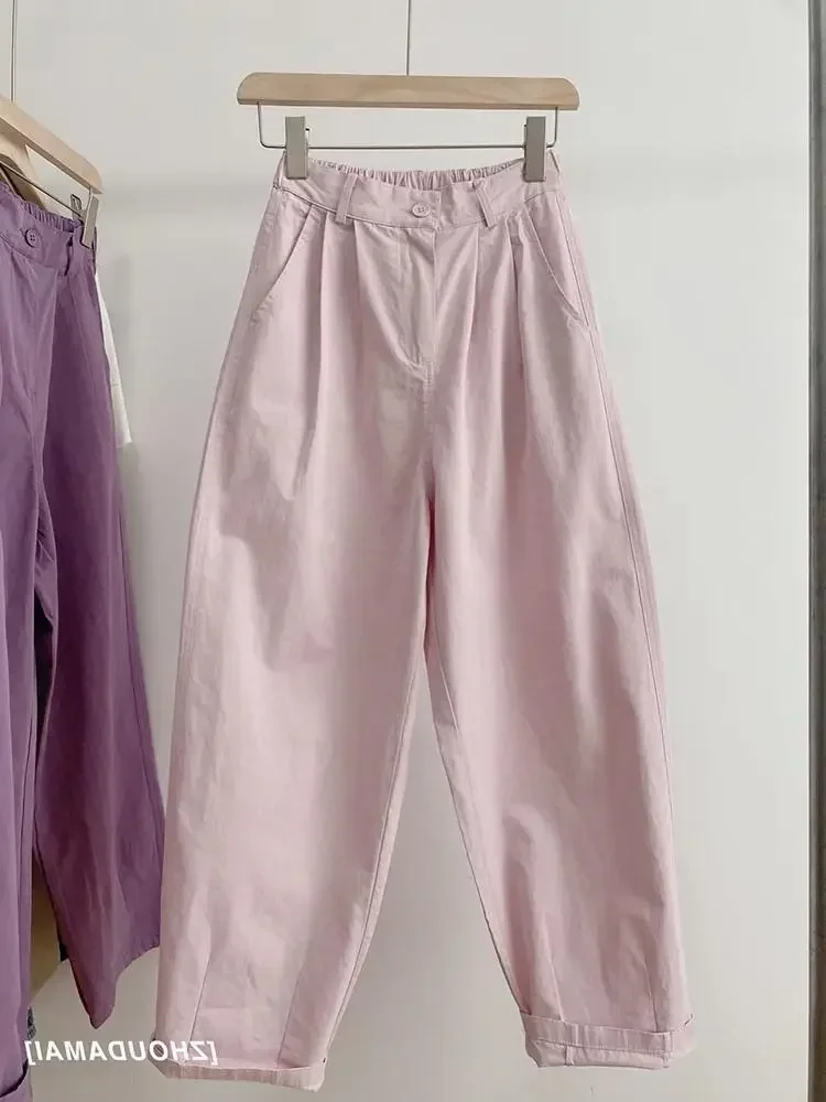 Calça feminina perna larga de cânhamo, algodão roxo, calça reta fina, solta, Harlan Rabanete, casual, primavera