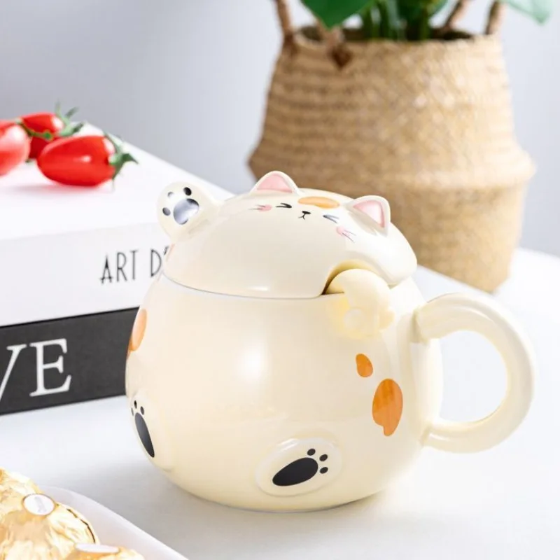 3D Cartoon Ceramic Cup with Lid, Cute and Cute, Lucky Cat Shaped Cup, Coffee Cup, Super Cute Office, Three-dimensional Drinkware