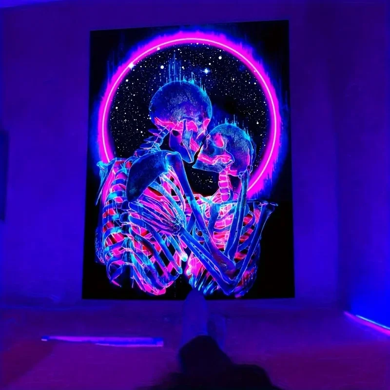 VIKAMA Neon Kissing Skeleton Tapestry Blacklight UV Reactive Galaxy Skull Couple Wall Hanging Trippy Gothic Wall Tapestries Bedr
