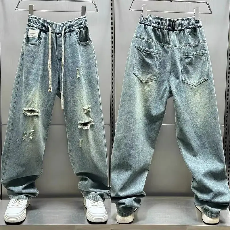 

Summer Thin Ripped Ruffian Handsome Jeans Men's Beggar New Loose Harlan Light Blue Straight Baggy Hole Distressed Men's Trousers