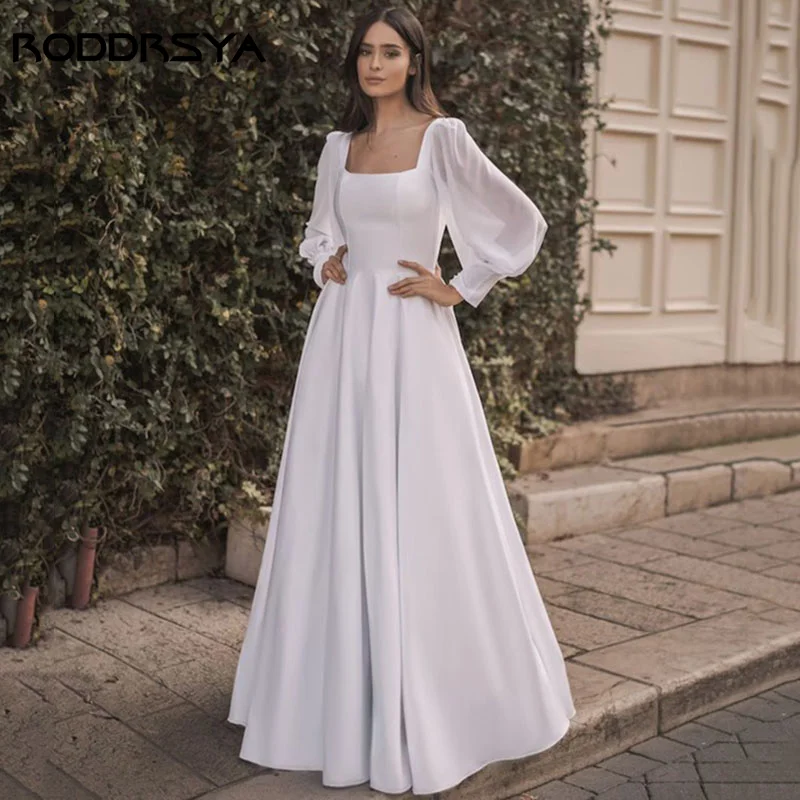 

RODDRSYA Square Collar Satin Wedding Dresses Classical Puff Sleeve A-Line Bride Party Backless Vestido De Casamento Custom Mades