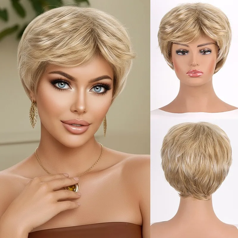 

Women's Wig Golden Blonde Curly Wig Short Ladies Synthetic Hair Wig+Wig Cap
