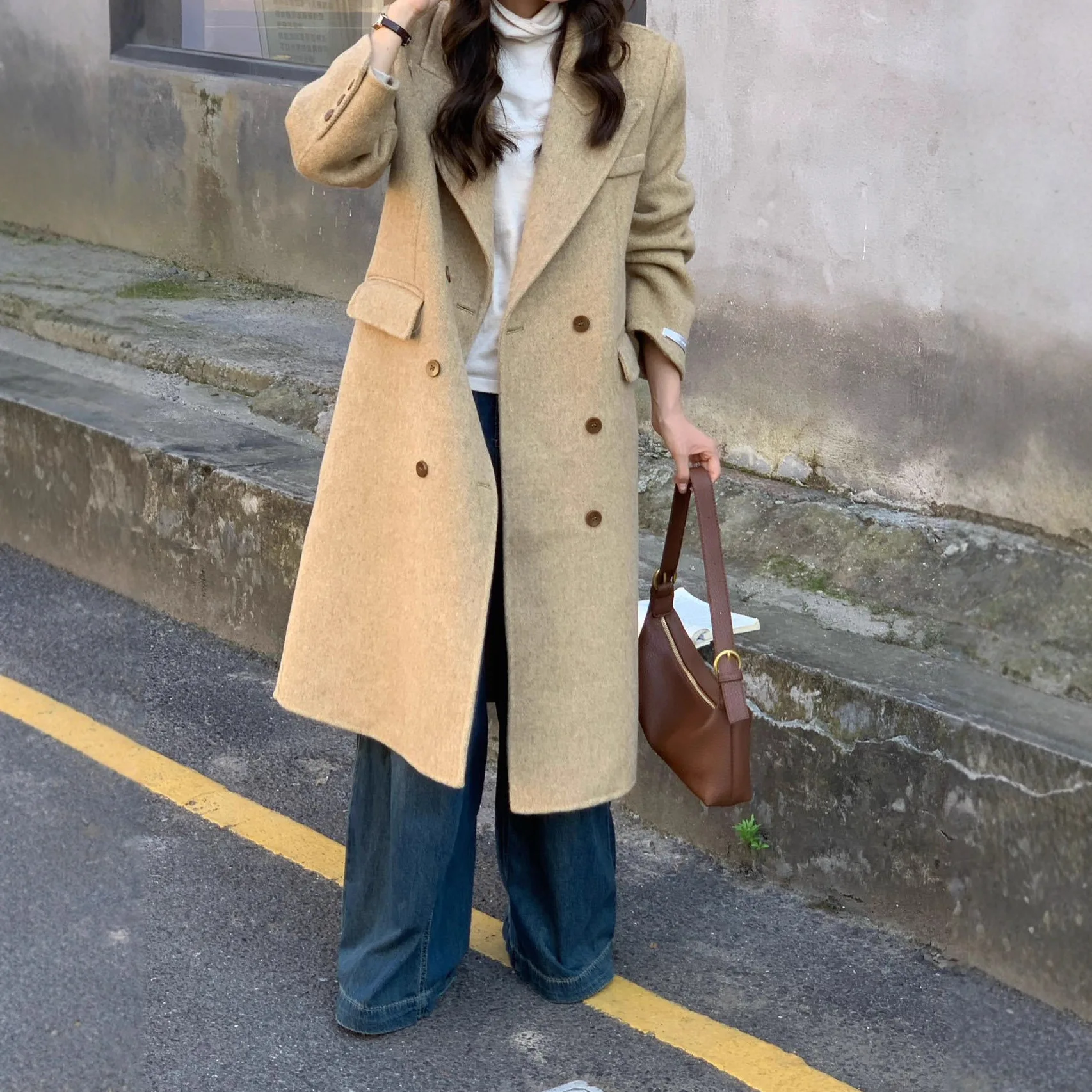 Wool Coat Women Korean Thicken Long Jackets Oversized Lace Up Outwear Double-sided Cardigan Woolen Overcoat