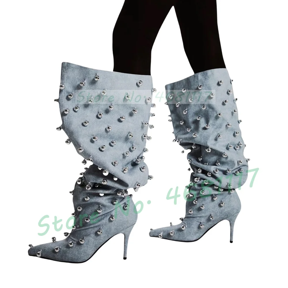 Pleated Wide Knee Boots With Silver Jingle Bells Women Chic Metal Decor Denim High Heels Boots Ladies Pointy Toe Cool Punk Shoes