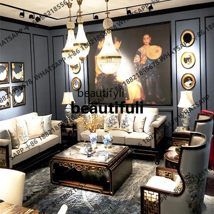 

X Solid Wood Sofa Set Ebony Fabric Sofa Villa Classical Living Room Furniture