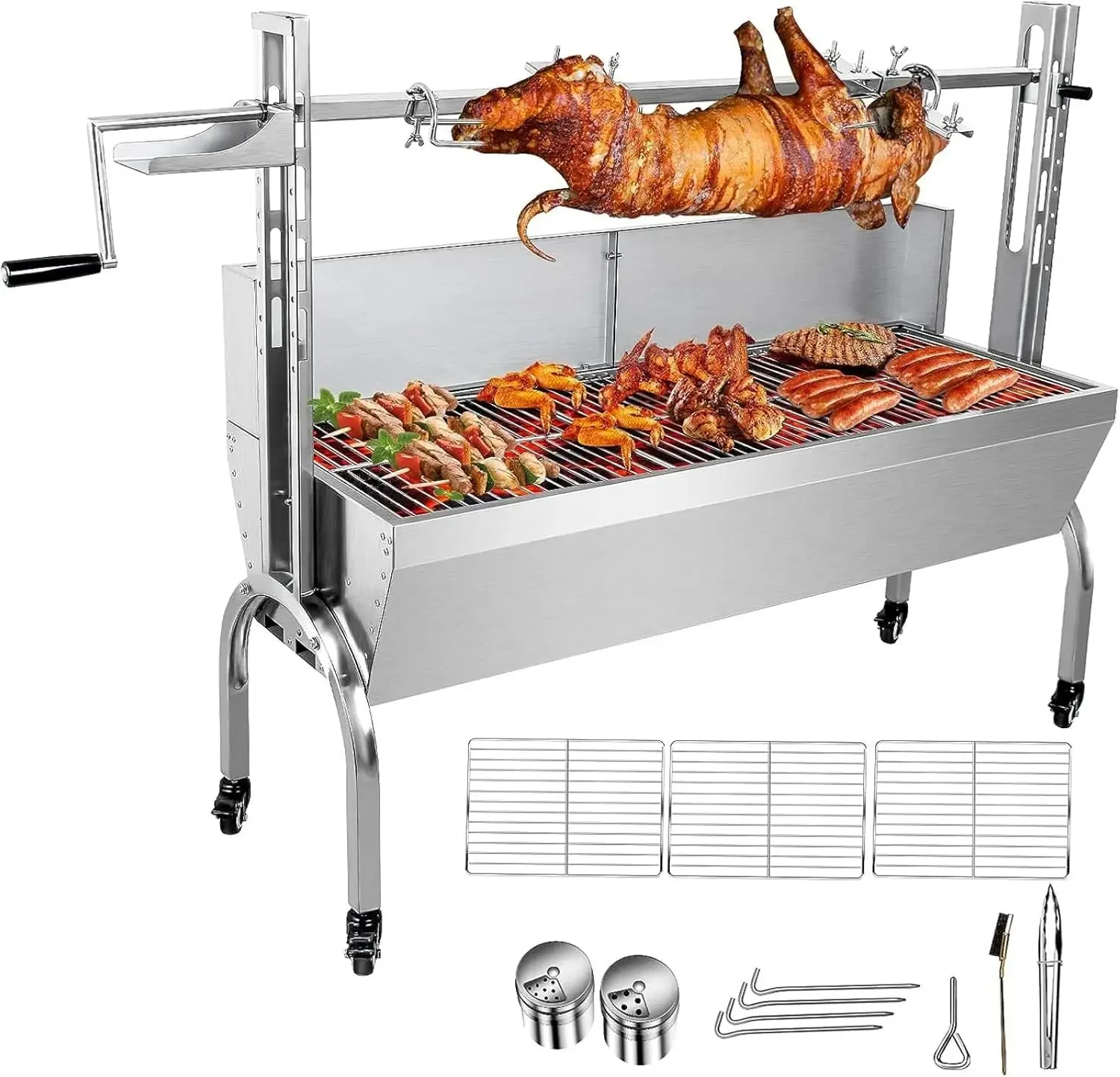 Steel Rotisserie Grill With Back Cover Guard, 25W Motor Small Pig Lamb Rotisserie Roaster, 48.7 Inch BBQ Charcoal Rotisserie Gri