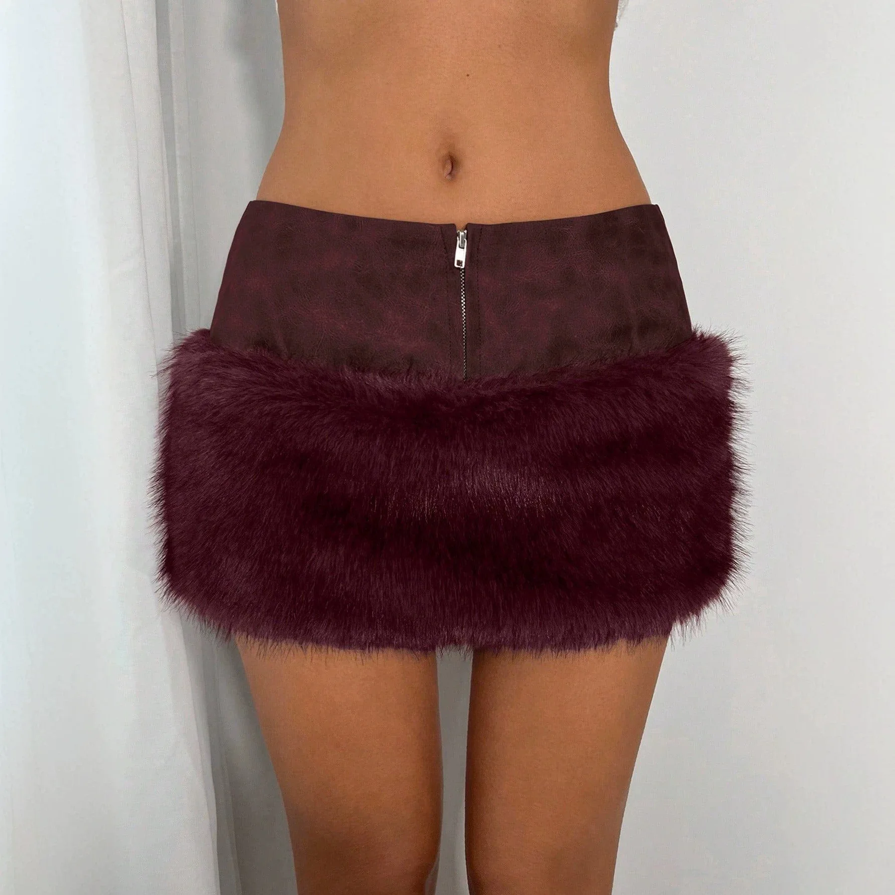 ONE TO WAN Vintage Brown Low-rise Crop Top Zipper Wool Skirt Autumn and Winter New Hot Girl Leather Patchwork Hip-hugging Skirt