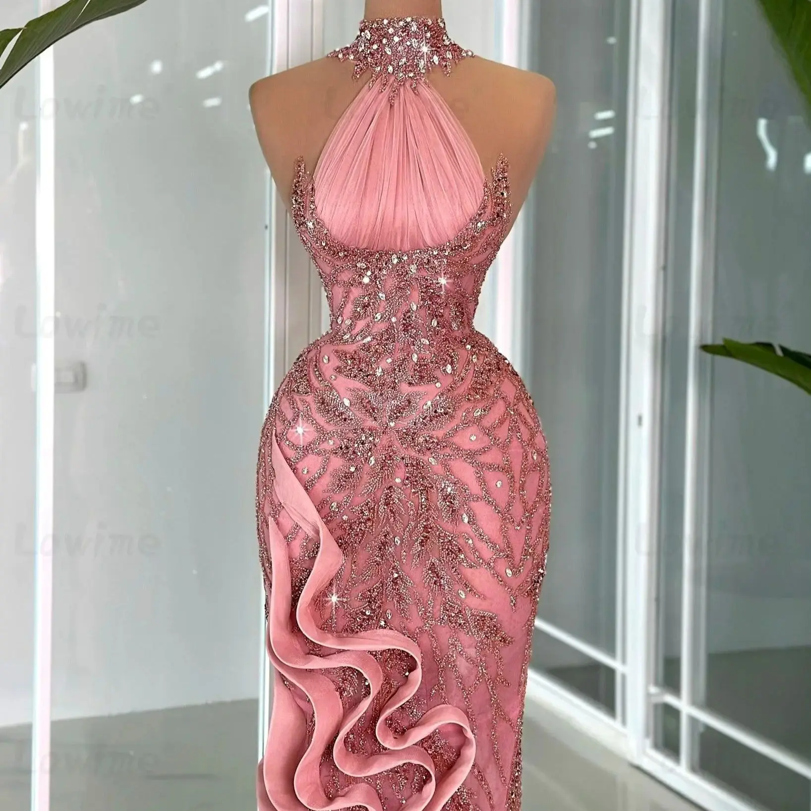 2024 Pink Ruffles Floral Beads Evening Dresses Customize Mermaid Long Prom Dress Crystals Arabic Wedding Party Dress Gowns Robe