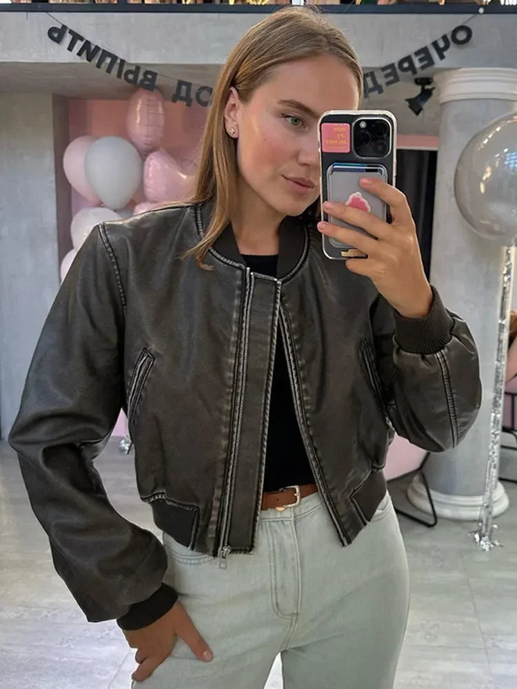 Blouson en cuir PU femme, rétro, fermeture éclair avec poche, mode solide, col rond, manches longues, manteau court, slim, vêtements d'extérieur, 2024