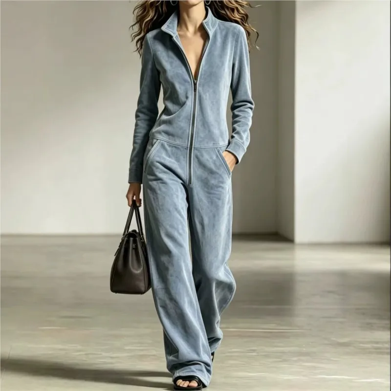 2026 New Autumn And Winter Women's Jumpsuit Solid Color V-neck Loose Fashionable Versatile Comfortable And Simple Jumpsuit Pants