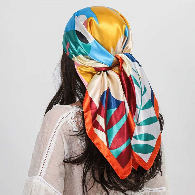 90*90cm Elegant Print Silk Scarf Satin Square Scarf Women Hijab Neckerchief Shawl Wraps Headband Hair Accessories Bandana