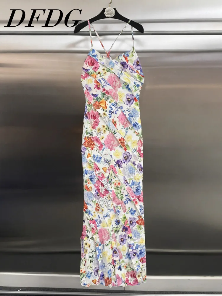 DFDG Women’s 2025 Simple Boho Vacation Dress Unique Print Spaghetti Strap Ruffle Maxi Dress Casual Spring Summer Beach Dress