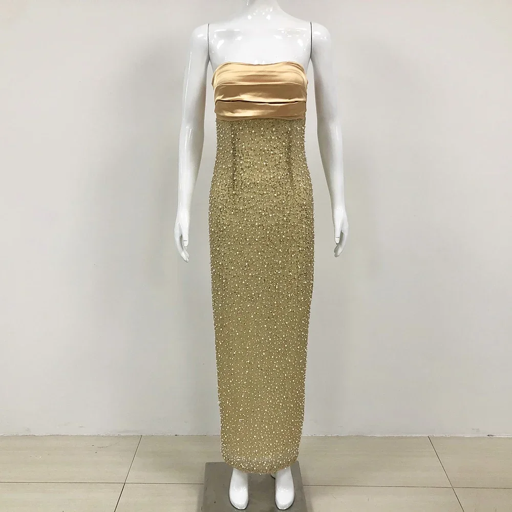 2024 New High-Quality Summer Women\'s Gold Strapless Sequin Pearl Bead Tight Long Dress Elegant Party Evening Dress