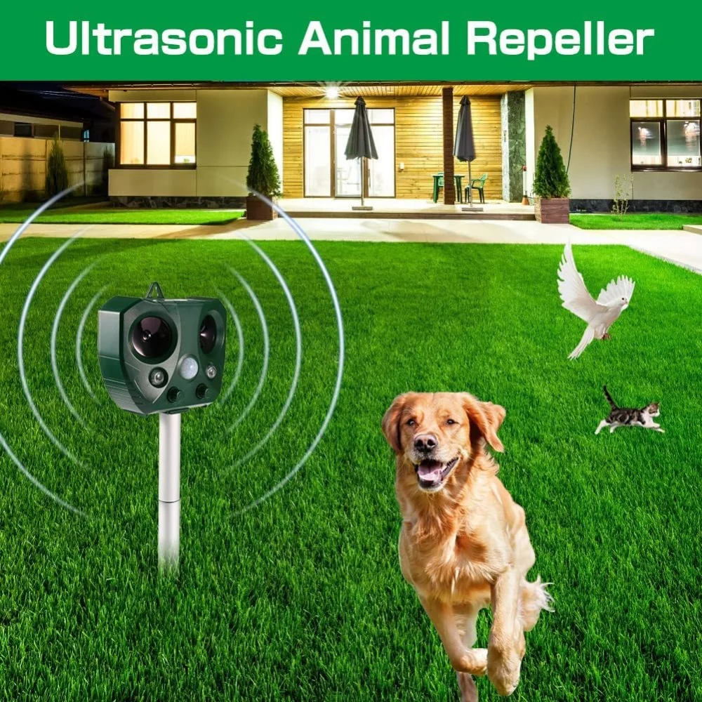 Solar Ultrasonic Animal Repeller IP44 Waterproof USB Rechargeable Animal Repeller for Cat Dog Squirrel Garden Yard Pest Control