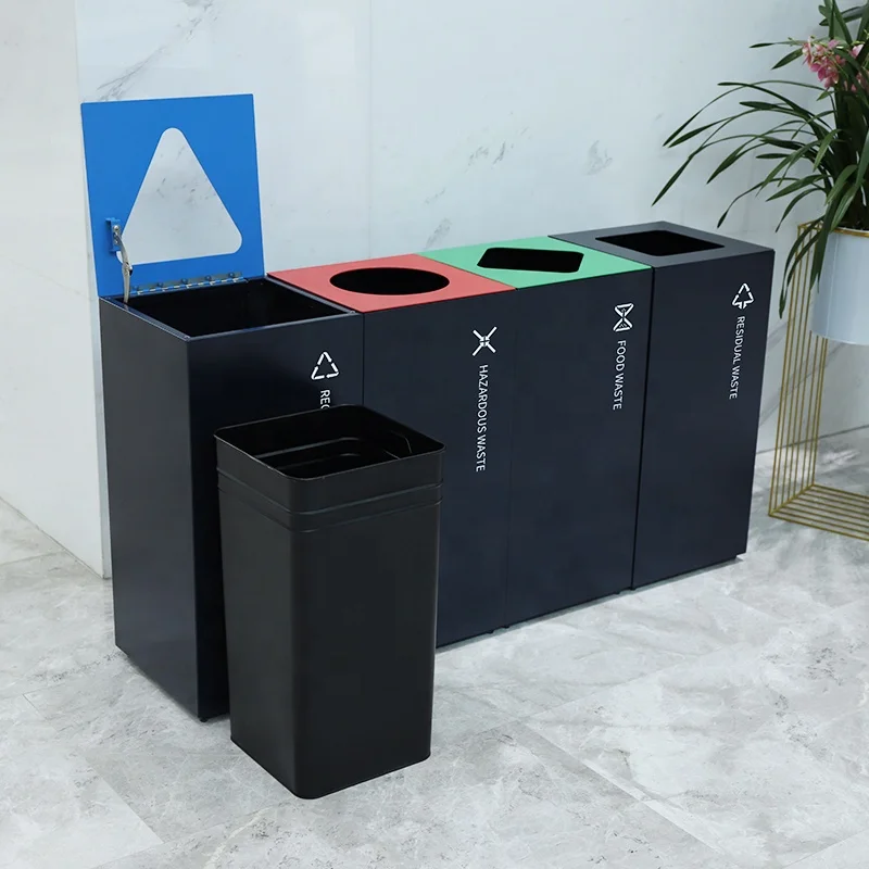 Free Combination Indoor Steel Waste Bin with 4 Compartments Top Open Recycle Bin for Airport & Hotel Storage for Indoor Use