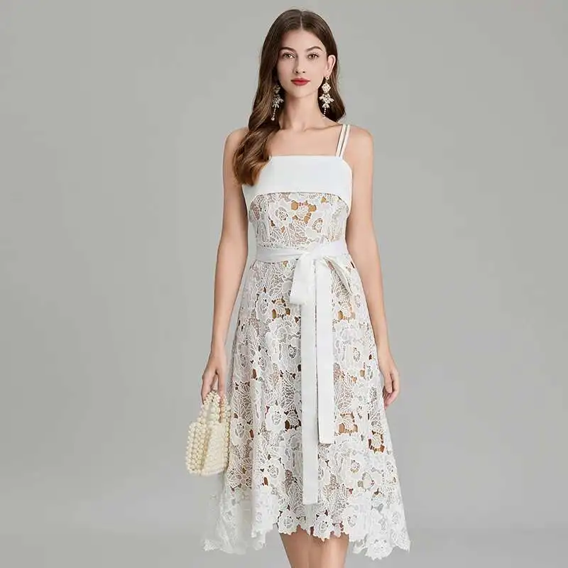 Summer Holiday Sundress Straps Sexy Backless Flower Embroidery White Lace Dress Women A Line Party Wedding Vestidos