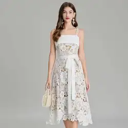 Summer Holiday Sundress Straps Sexy Backless Flower Embroidery White Lace Dress Women A Line Party Wedding Vestidos