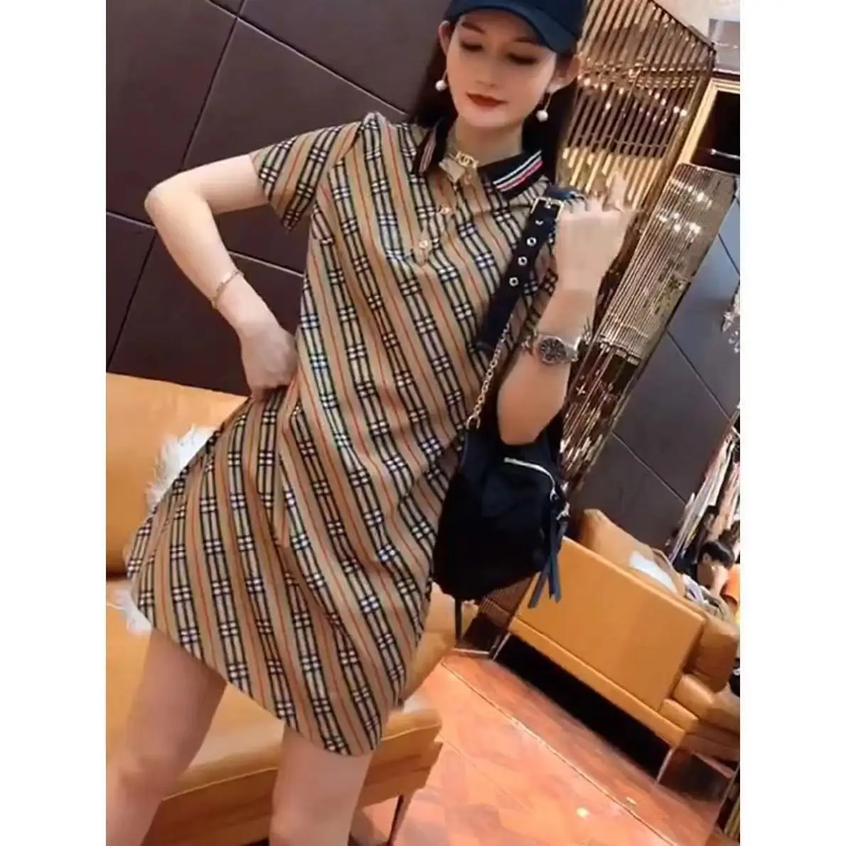 Polo collar plaid dress casual belly covering age reduction popular short-sleeved skirt in spring and summer 2023