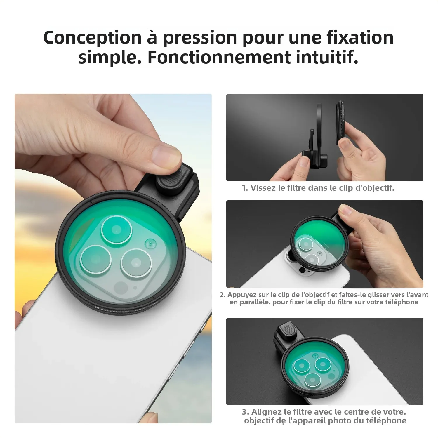 Image 3: K&F CONCEPT Kit de filtre à pince variable ND2-32 / CPL 67 mm pour téléphone pour iPhone 16 15 Pro, Xiaomi, OPPO, clip universel