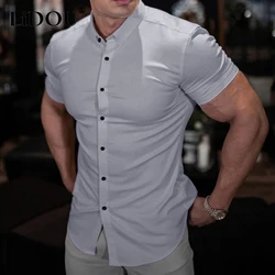 Camisa de manga corta con cuello de Polo para hombre, cárdigan informal deportivo, Delgado, sólido, elástico, moda de gimnasio