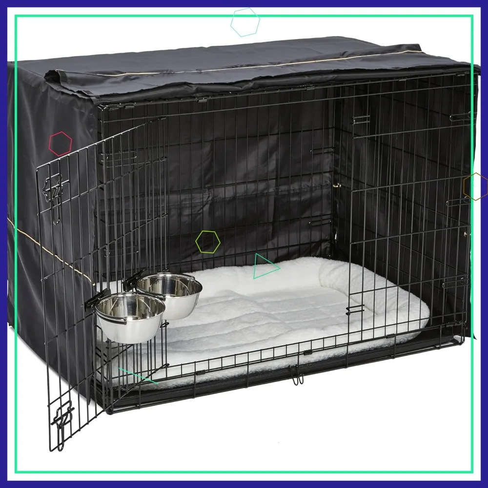 

42-дюймовый двухдверный вольер для собак крупных пород, стартовый комплект, включает в себя клетку, лежанку, миски и защитную шторку.