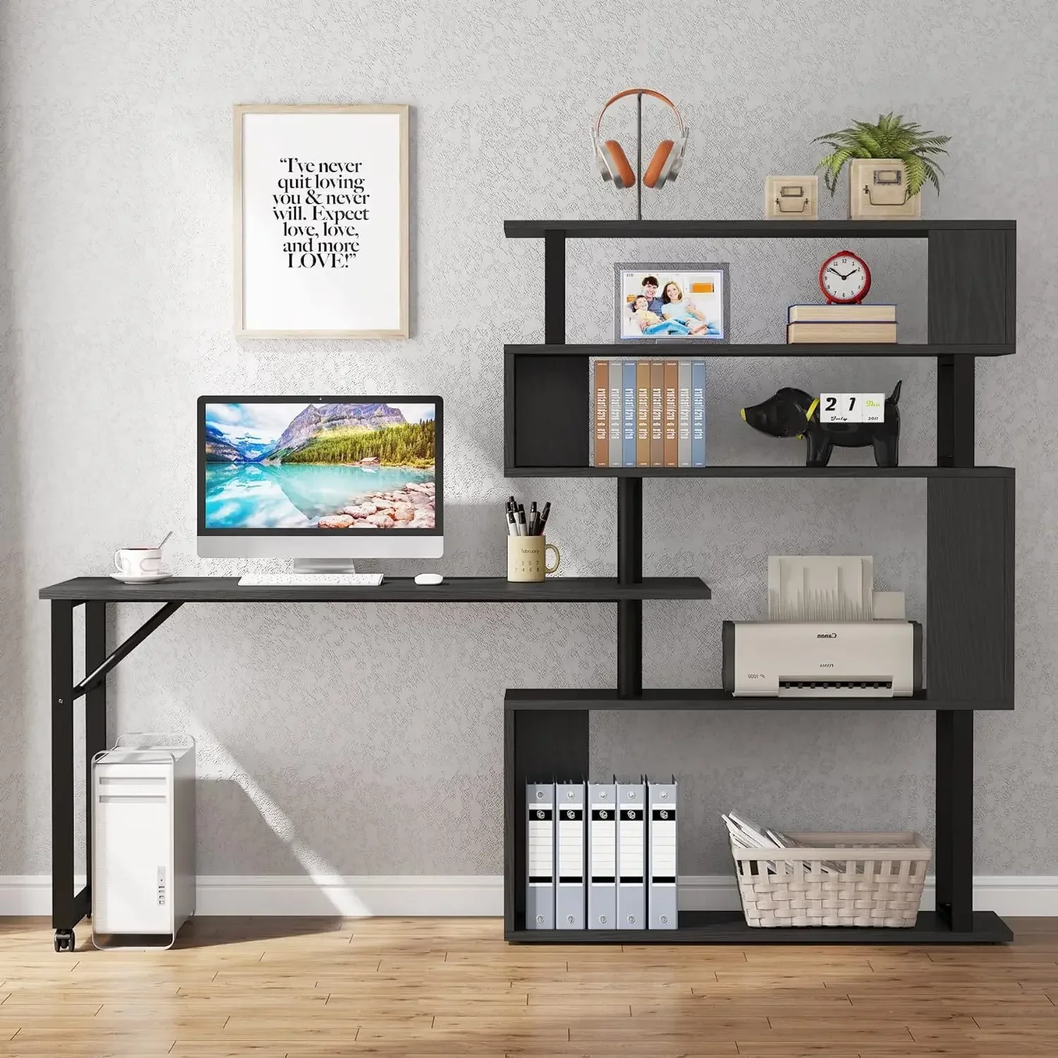 Office Furniture Rotating Computer Desk with 5 Shelves Modern L-Shaped Corner Desk