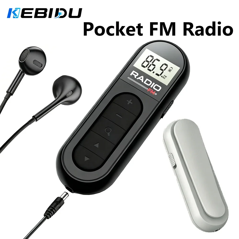 KEBIDU Mini-FM-Radio, wiederaufladbares Stereo-Taschenradio mit Clip, LCD-Bildschirm, 3,5-mm-Kopfhörer mit Kabel für Besprechungen, Touren, Laufen