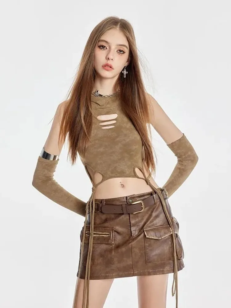 Crop Tank Tops Vrouwen Capuchon Slanke Gat Mode Effen Lente Herfst Y2k Grunge Sexy Hemdje Party Clubwear Casual