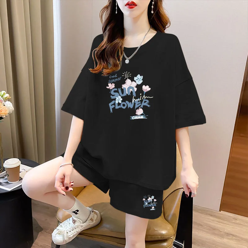 

Повседневный модный спортивный комплект, женский летний новый свободный комплект большого размера для бега Fitn ort Sve orts, комплект из двух предметов