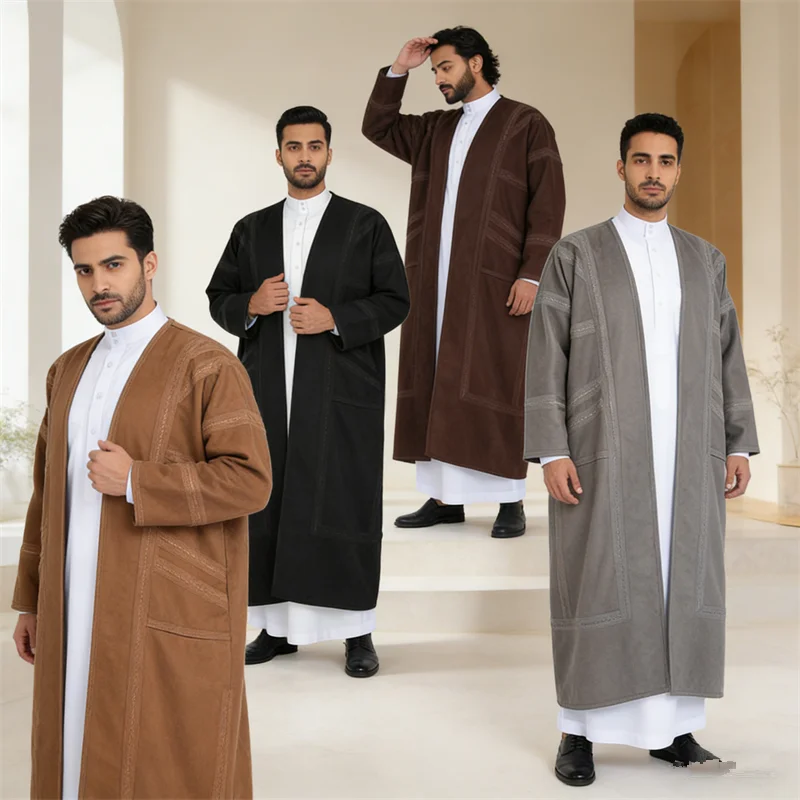 Winter Thick Warm Faux Fur Jubba Thobe Saudi Arab Robe Bisht Men Muslim Kimono Cardigan Suede Coat Abaya Dishdasha Islam Garment