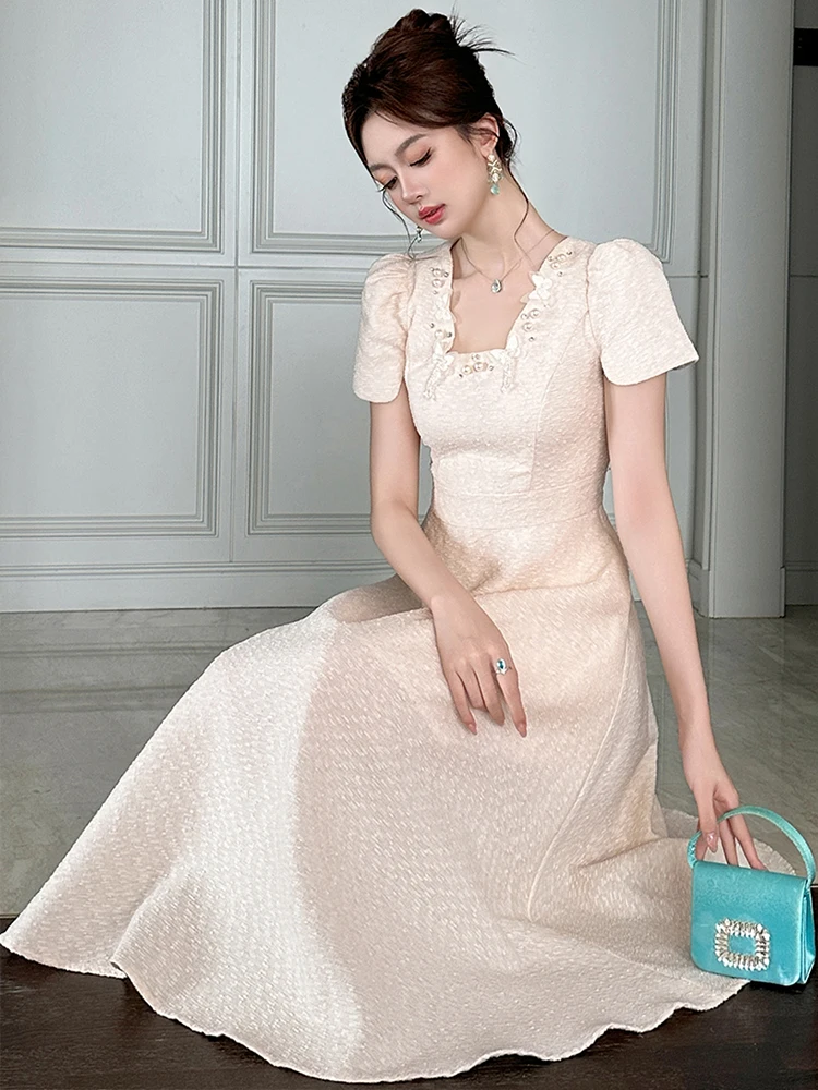 Luxury Elegant Ballชุดผู้หญิงที่ละเอียดอ่อนภาษาฝรั่งเศสคําประดับด้วยลูกปัดมุกพู่ผีเสื้อตกแต่งSwing Robe Party Vestido Mujer