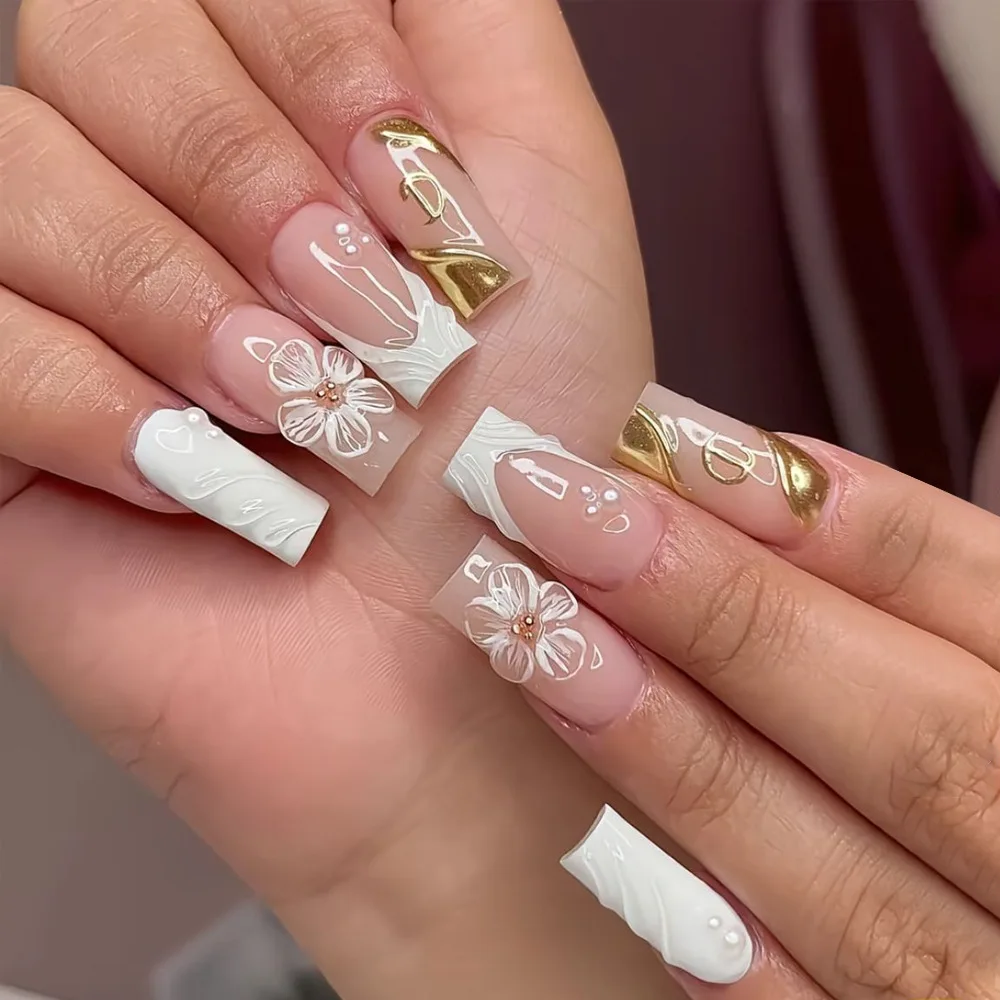 

24Pcs Mid-length Square Head Full Cover Nails Tips White French 3D Flower Fake Nails Gilded Pearl Wearable Press on False Nails