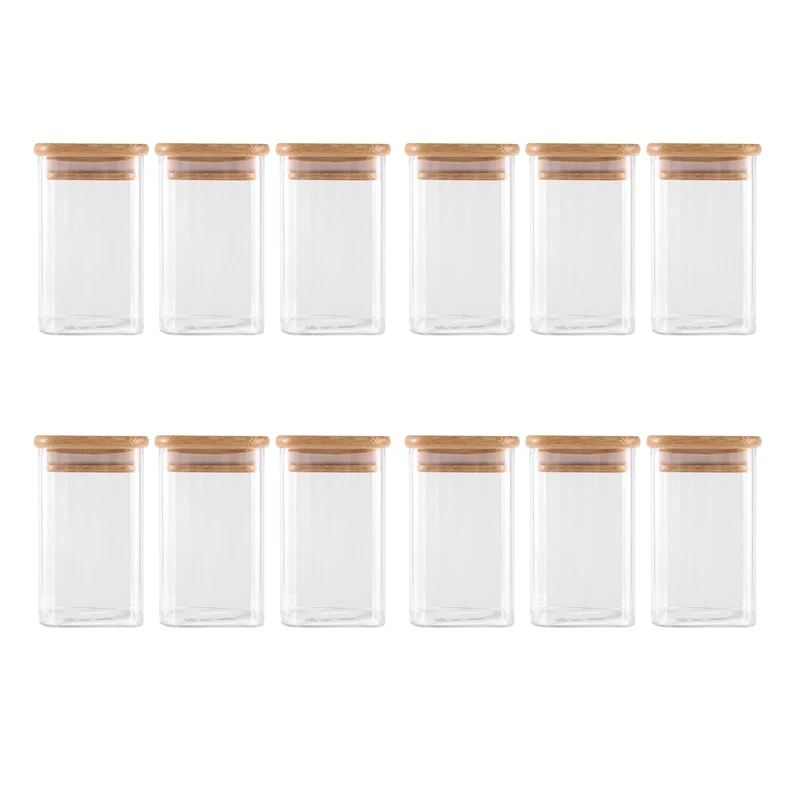 

12Pcs Glass Spice Jars With Bamboo Lid 8Oz Airtight Square Spice Containers For Spice Salt Sugar