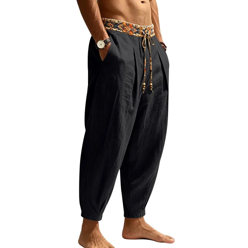 Herren 95% Leinen Haremshose Boho Blumenmuster Kordelzug Taille Lässige Weite Hose Strand Urlaub Knöchellange Hose – Detail 25