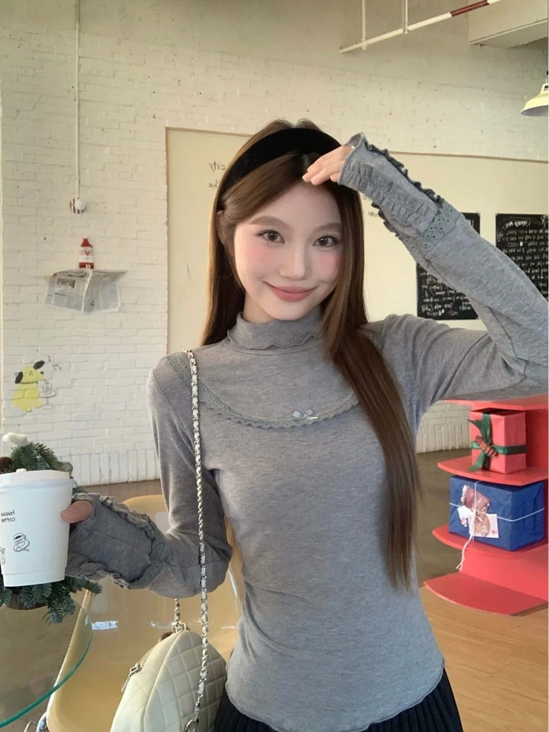 Elegante Maglietta Coreana da Donna a Maniche Lunghe, Aderente, con Collo Alto, Base Interna, Top Invernale con Fascia in Vita