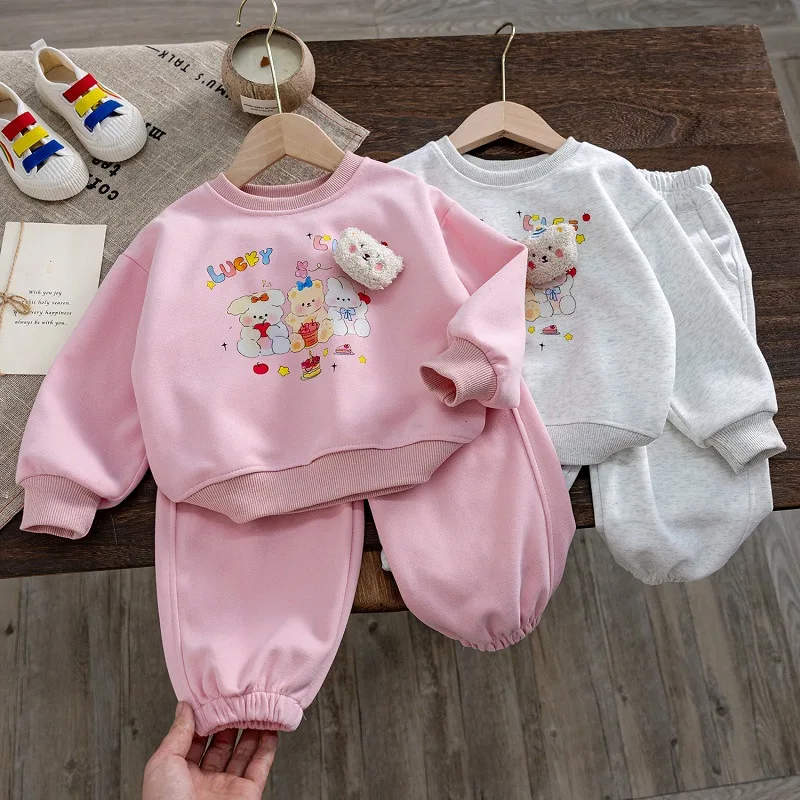 

2024South Korea Girls' Spring and Autumn Simplicity Printed Crew Neck Sweatshirt Sweatpants Two-Piece Set