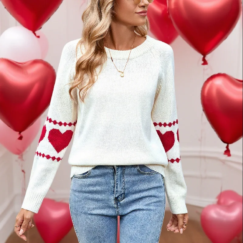 Long Sleeved Heart-shaped Jacquard O-neck Knitted Pullover Tops Women's Autumn Winter Casual Sweater Outerwear