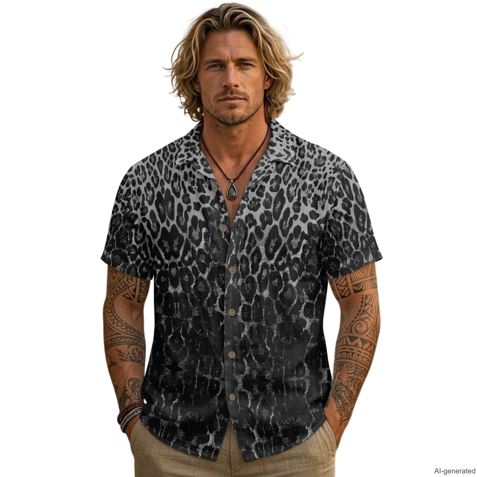 XIXIRIMIDO Men's V-Neck Casual Linen Turn-Down Collar Button Short-Sleeved Shirt Gradient Leopard Print Vacation Beach T-Shirt